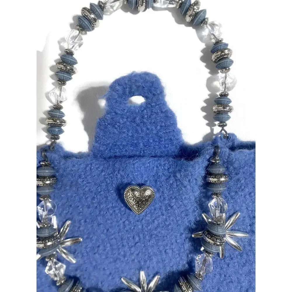 Handmade Alpaca Wool Purse Blue Satchel Bag Silver Accents 10x7.5 Vintage